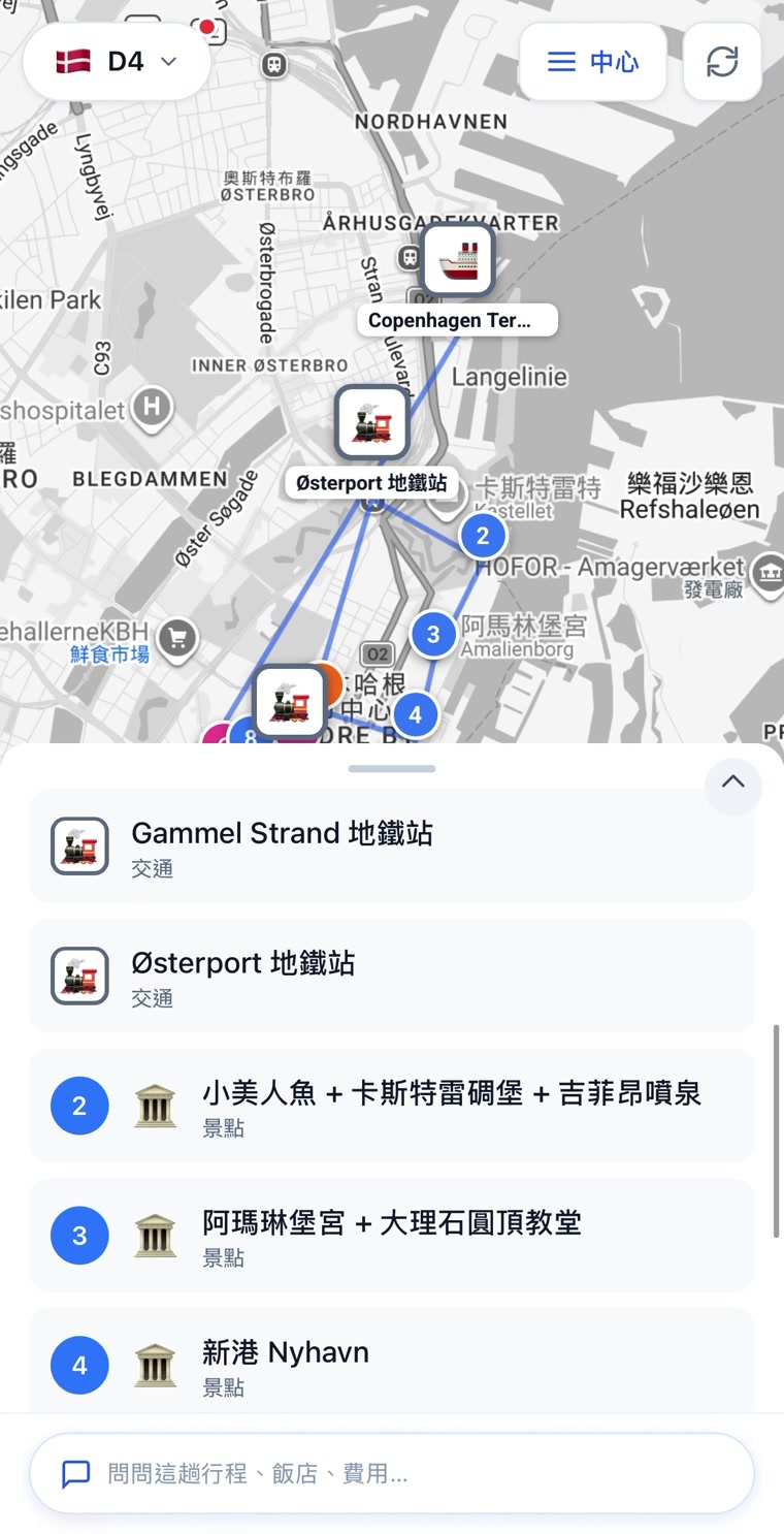 單日路線：地圖編號 marker 對應當日地點清單